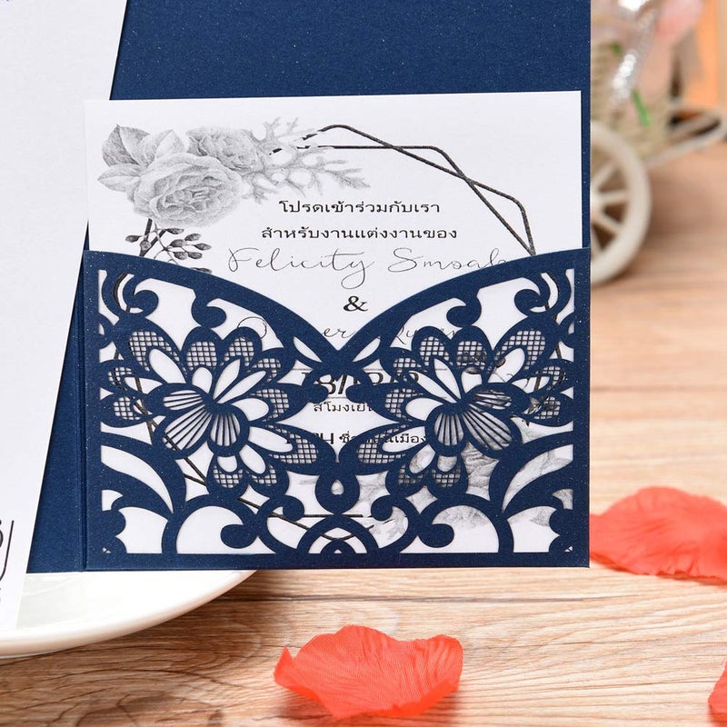 FOMTOR Laser Cut Wedding Invitation Cards Set w/Envelopes & Inserts & Seals â€“ for Wedding, Bridal Shower, Graduation, Birthday Party, Engagement, Anniversary Blue 40Pcs - Image 2